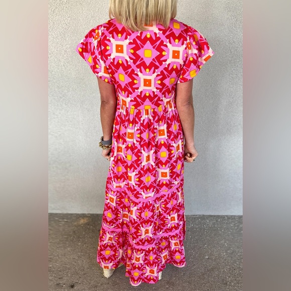 Strawberry Pink Geo Print V-neck Maxi Dress Bohemian Long Dress - Picture 2 of 12
